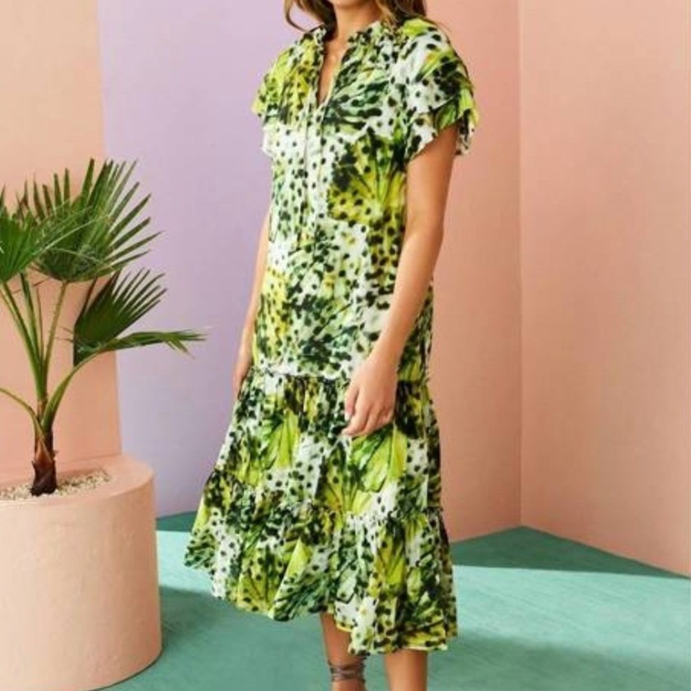 Marie Oliver Reid Midi Dress Clover Palm Print Women XS Resort Wear Silk Blend